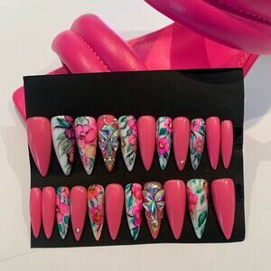 Extra Long Handmade Pink Stiletto Press On Gel Nails